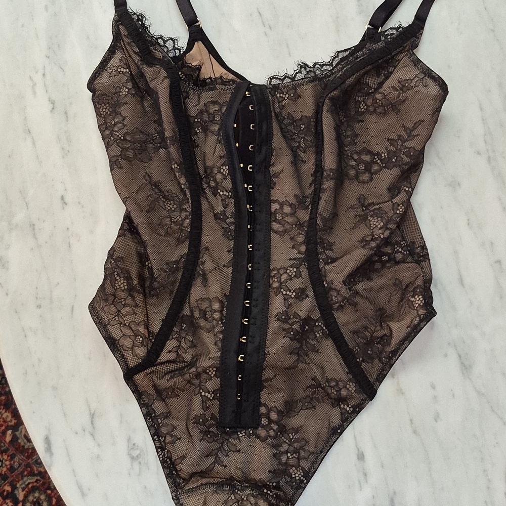 Sheer Black Thong Lace Bodysuit with Front Hook Closure - Never Worn